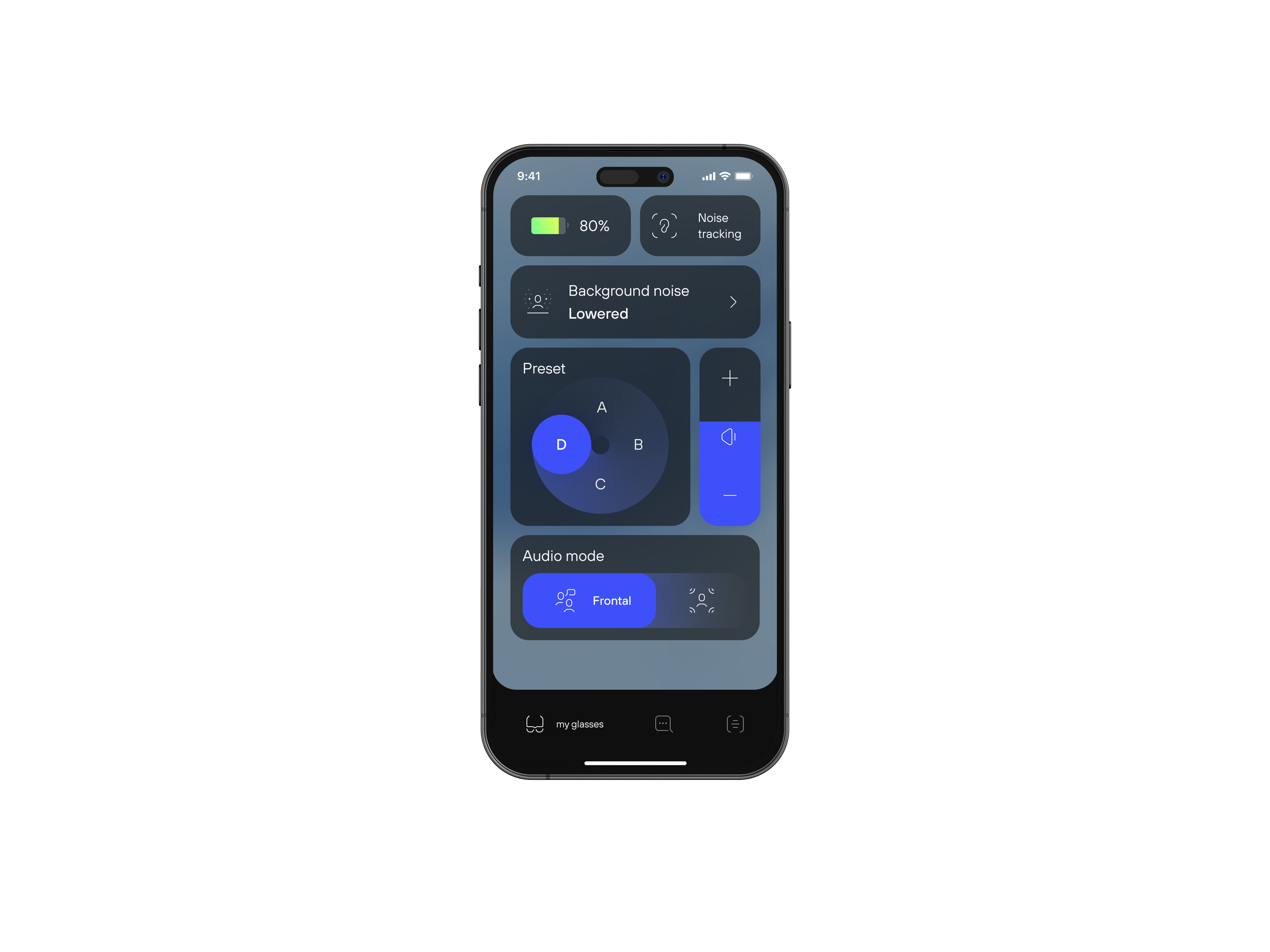 Nuance Audio app on iPhone showing hearing controls, noise presets and audio modes